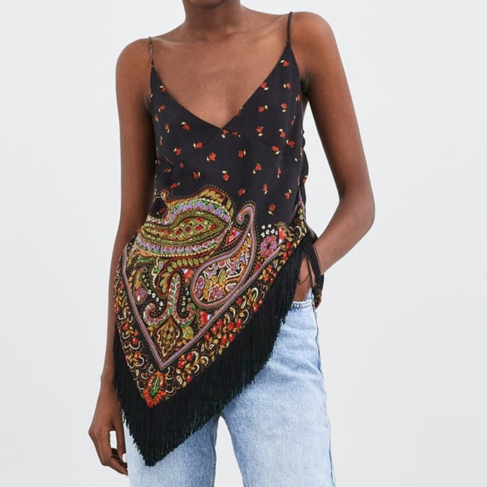 NWT Zara Boho Printed Floral Fringe Top